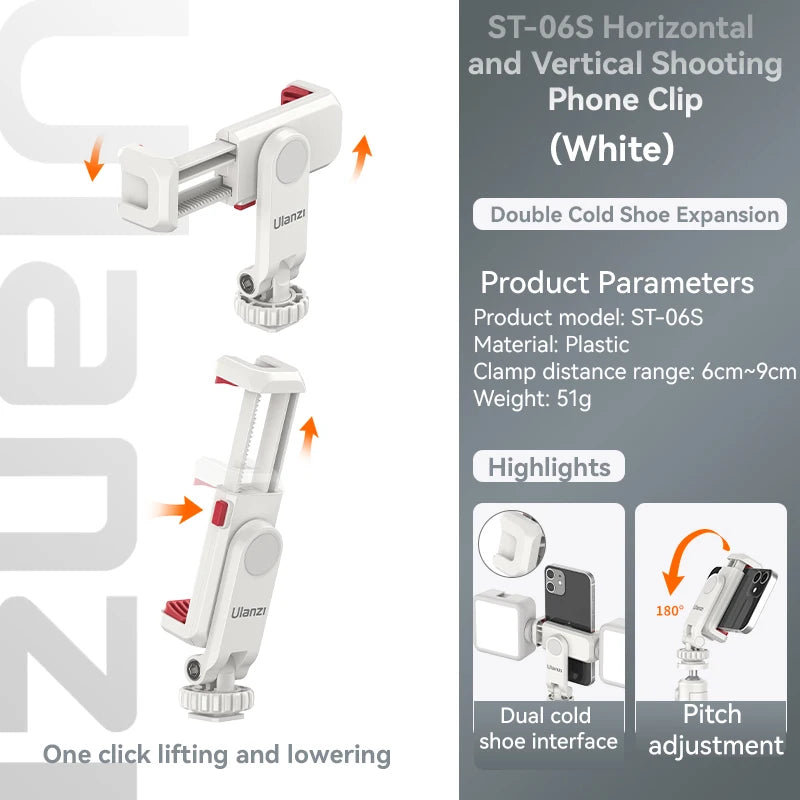 Ulanzi ST-06S Universal 360° Mobile Phone Clip Holder for 1/4 Screw Tripod  Mount Adapter For Samsung iPhone Xiaomi Cellphone