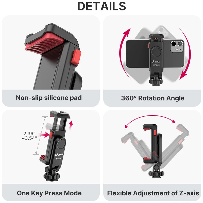 Ulanzi ST-06S Universal 360° Mobile Phone Clip Holder for 1/4 Screw Tripod  Mount Adapter For Samsung iPhone Xiaomi Cellphone