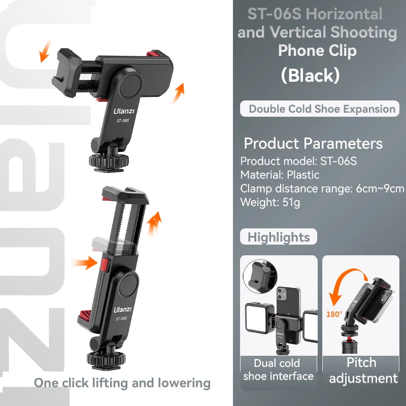 Ulanzi ST-06S Universal 360° Mobile Phone Clip Holder for 1/4 Screw Tripod  Mount Adapter For Samsung iPhone Xiaomi Cellphone